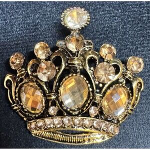 Vintage Queen Crown‎ Brooch Champagne Rhinestone Regal Royal Costume Jewelry